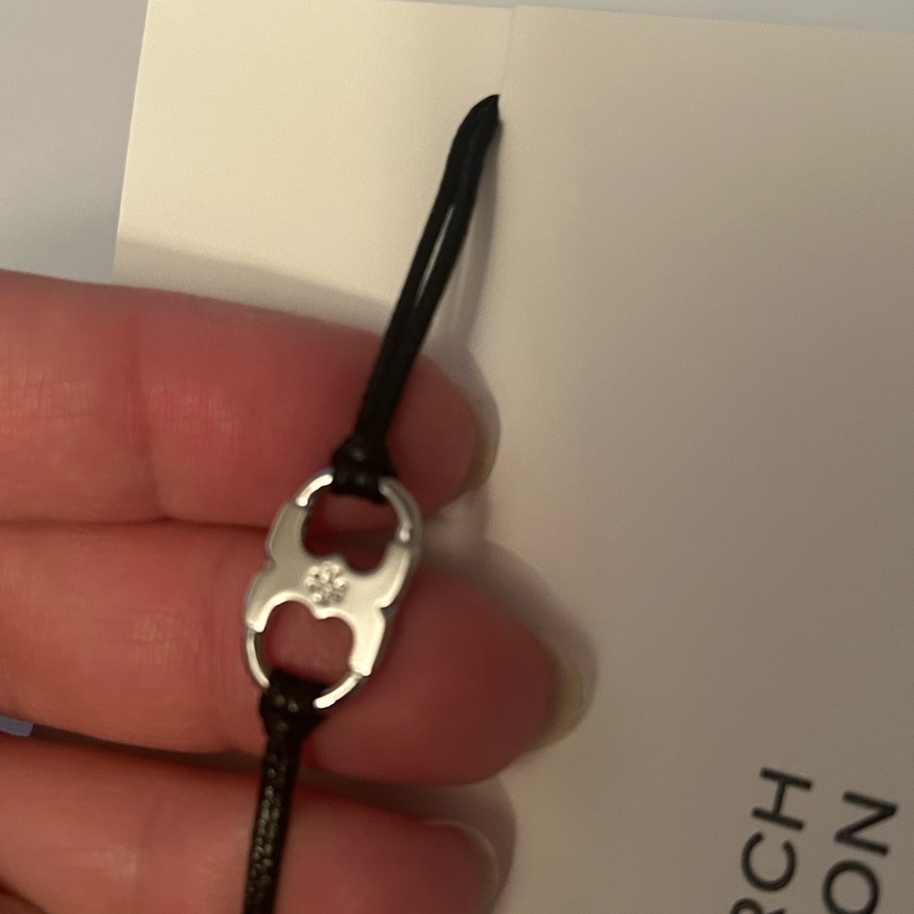Tory Burch Black Cord Bracelet with Silver Logo Charm - Picture 6 of 6